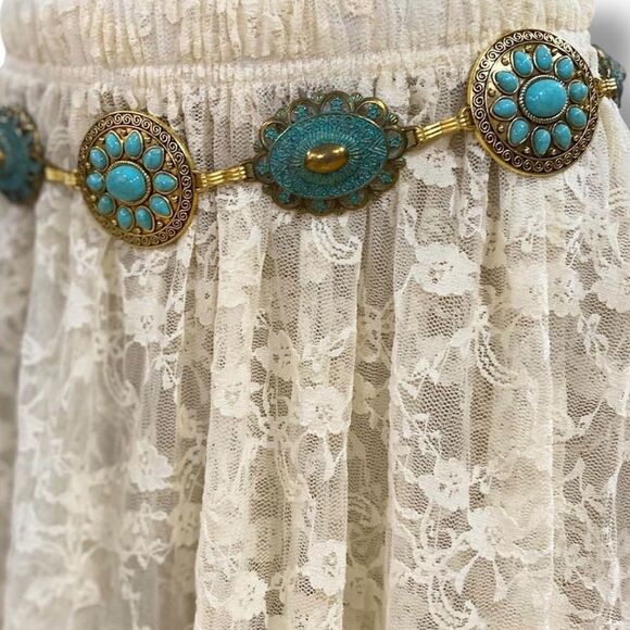 Western Turquoise Gold Patina Floral Concho Belt NWT